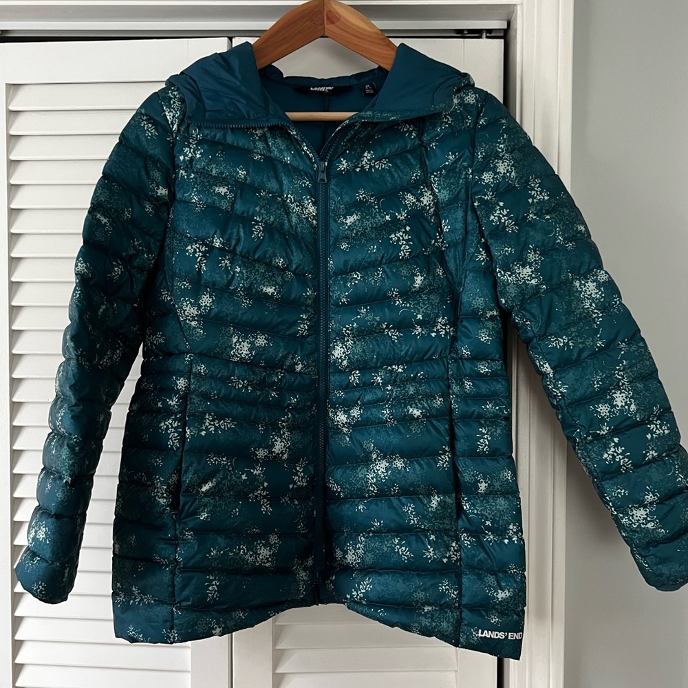 Lightweight down lands end hooded jacket size medium